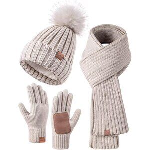 Winter Beanie Hat Scarf Gloves Set for Women Pom Pom Beanie Touchscreen Gloves